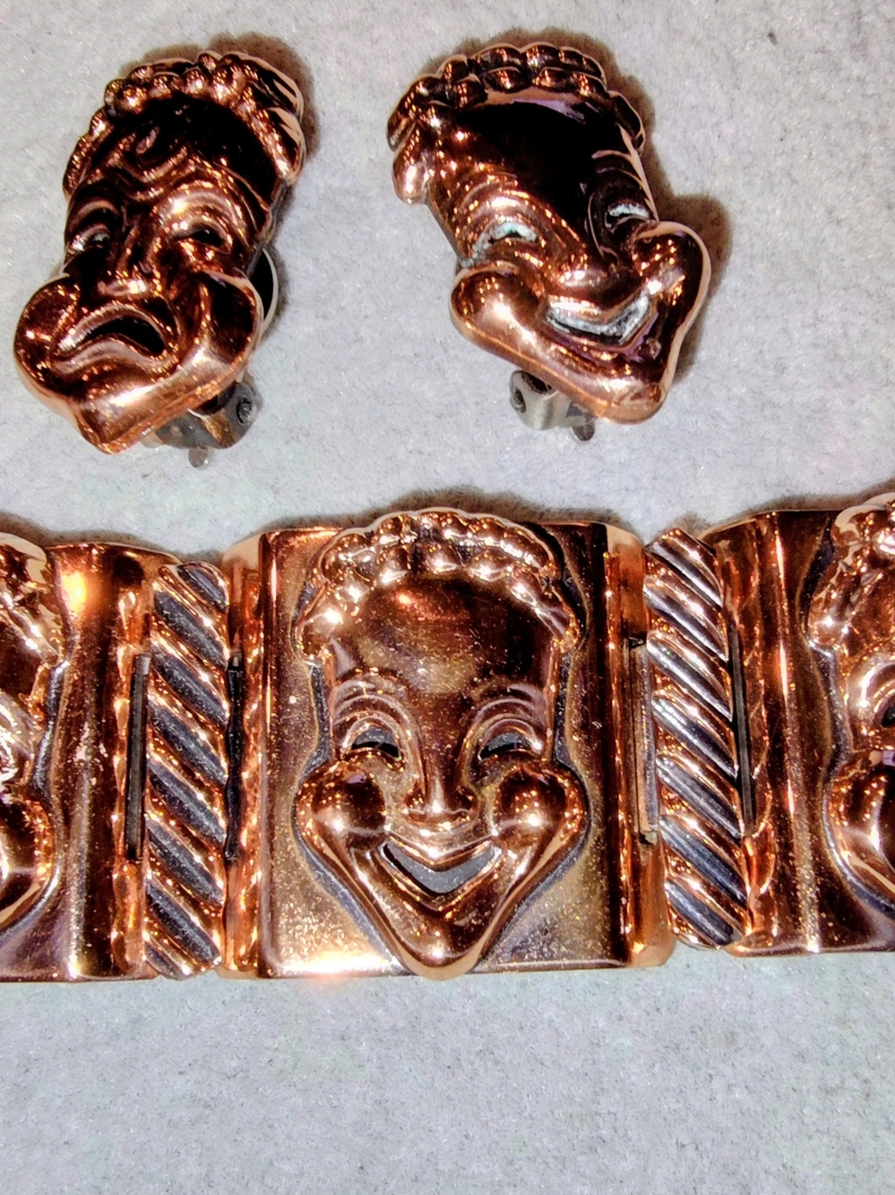 Renior 1940-50 Copper Theatrical Mask Bracelet with Matching Clip-On Earrings